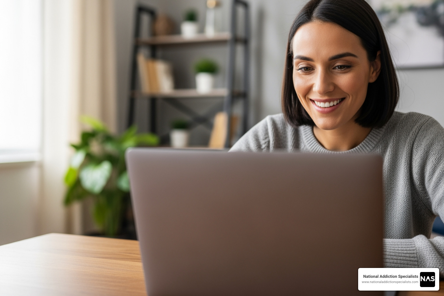 A person having a positive telehealth consultation on a laptop - Personalized recovery plan A person having a positive telehealth consultation on a laptop - Personalized recovery plan