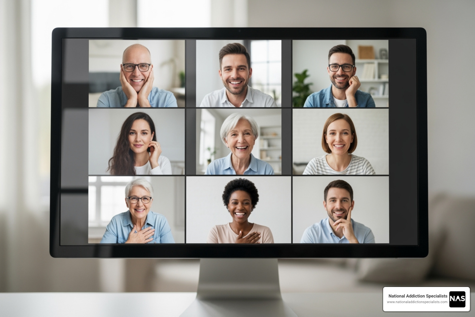 diverse group of people in virtual support group session - Online addiction counselors diverse group of people in virtual support group session - Online addiction counselors