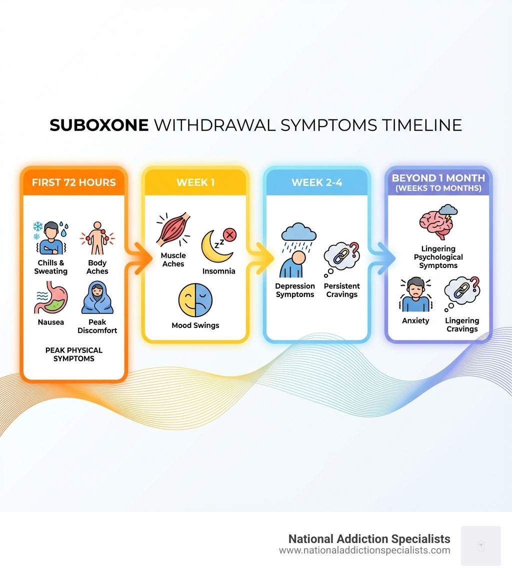Infographic showing timeline of Suboxone withdrawal symptoms: First 72 hours show peak physical symptoms including chills, body aches, nausea, and sweating. Week 1 shows muscle aches, insomnia, and mood swings. Week 2-4 shows depression symptoms emerging with persistent cravings. Beyond 1 month shows lingering psychological symptoms including anxiety and cravings that may last weeks to months. - suboxone withdrawal symptoms list infographic Infographic showing timeline of Suboxone withdrawal symptoms: First 72 hours show peak physical symptoms including chills, body aches, nausea, and sweating. Week 1 shows muscle aches, insomnia, and mood swings. Week 2-4 shows depression symptoms emerging with persistent cravings. Beyond 1 month shows lingering psychological symptoms including anxiety and cravings that may last weeks to months. - suboxone withdrawal symptoms list infographic