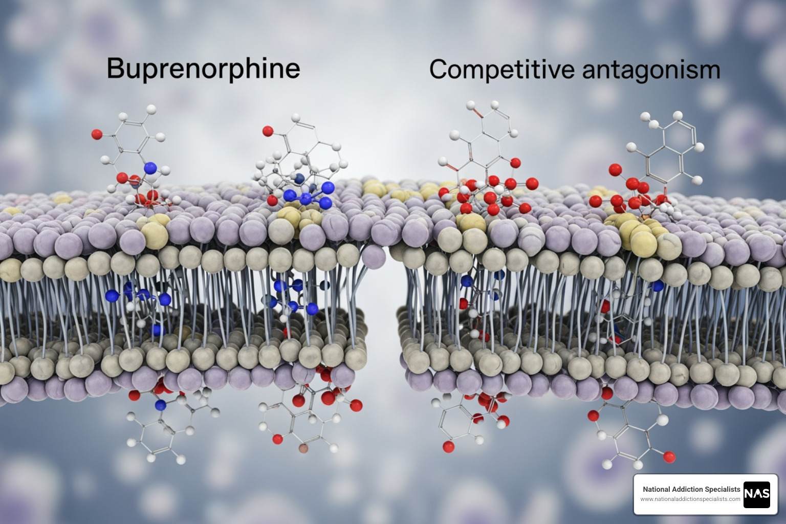 illustrating how buprenorphine and naloxone work on opioid receptors - suboxone therapy treatment illustrating how buprenorphine and naloxone work on opioid receptors - suboxone therapy treatment