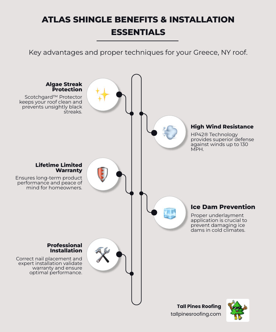 Infographic showing Atlas shingle installation benefits: Scotchgard Protector prevents algae streaks, HP42 Technology provides 130 MPH wind resistance, lifetime limited warranty for single-family homes, proper underlayment prevents ice dam damage, correct nail placement ensures warranty validity, and professional installation required for optimal performance - atlas shingle installation in greece, ny infographic infographic-line-5-steps-elegant_beige Infographic showing Atlas shingle installation benefits: Scotchgard Protector prevents algae streaks, HP42 Technology provides 130 MPH wind resistance, lifetime limited warranty for single-family homes, proper underlayment prevents ice dam damage, correct nail placement ensures warranty validity, and professional installation required for optimal performance - atlas shingle installation in greece, ny infographic infographic-line-5-steps-elegant_beige