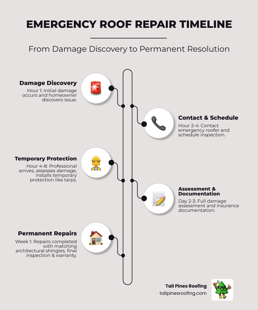 Infographic showing the emergency response timeline: Hour 1 - Initial damage occurs and homeowner discovers issue, Hour 2-4 - Contact emergency roofer and schedule inspection, Hour 4-8 - Professional arrives, assesses damage, installs temporary protection like tarps, Day 2-3 - Full damage assessment and insurance documentation, Week 1 - Permanent repairs completed with matching architectural shingles, followed by final inspection and warranty - emergency architectural shingles in henrietta, ny infographic infographic-line-5-steps-elegant_beige