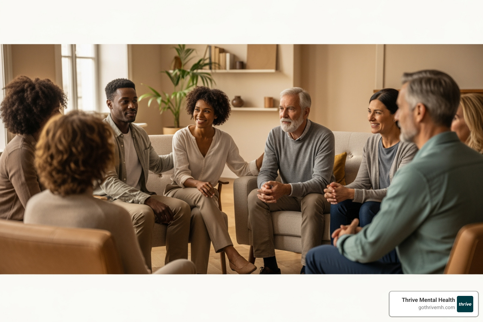 diverse group of people in a supportive group therapy session - I'm looking for adult autism support services in Florida that can also help with co-occurring depression.