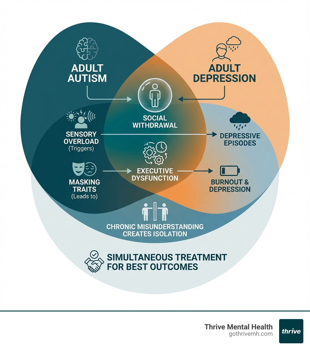 Infographic showing overlapping challenges of adult autism and depression: Social withdrawal affects both conditions; Sensory overload (autism) can trigger depressive episodes; Masking autistic traits leads to burnout and depression; Executive dysfunction impacts daily functioning in both; Chronic misunderstanding creates isolation; Treatment must address both simultaneously for best outcomes - I'm looking for adult autism support services in Florida that can also help with co-occurring depression. infographic 