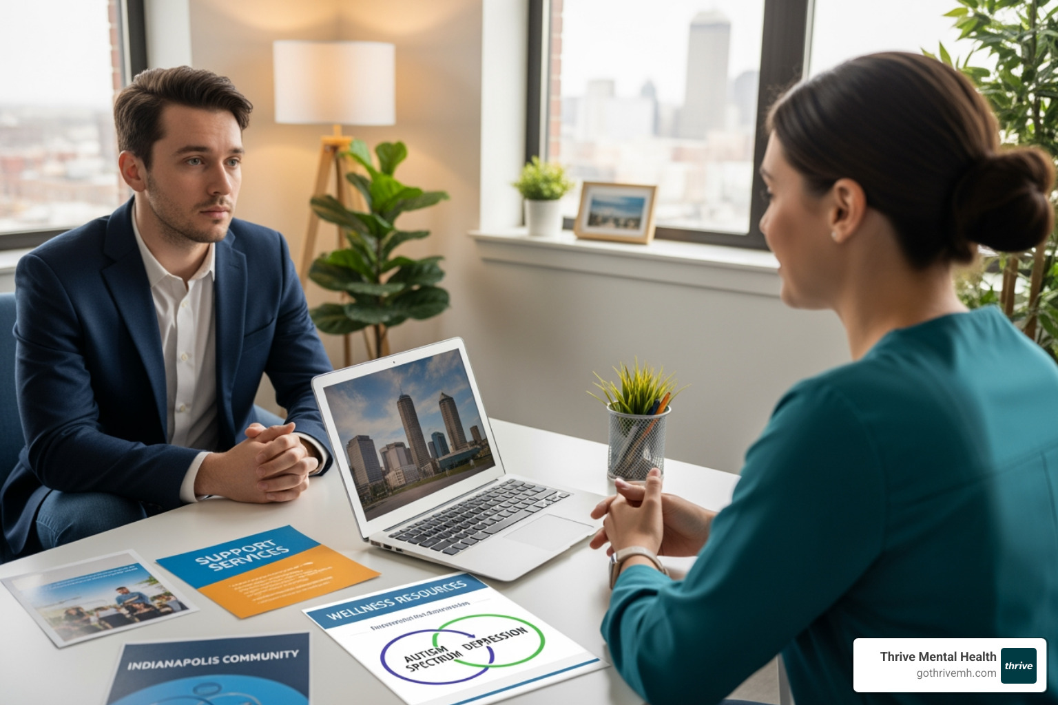 stylized map of Indianapolis with pins on different types of support locations (clinic, community center, etc.) - I'm looking for adult autism support services in Florida that can also help with co-occurring depression.