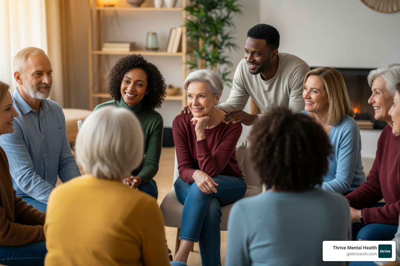 Diverse group of adults in a supportive therapy session - Find behavioral health IOP providers in Florida that work with adults.