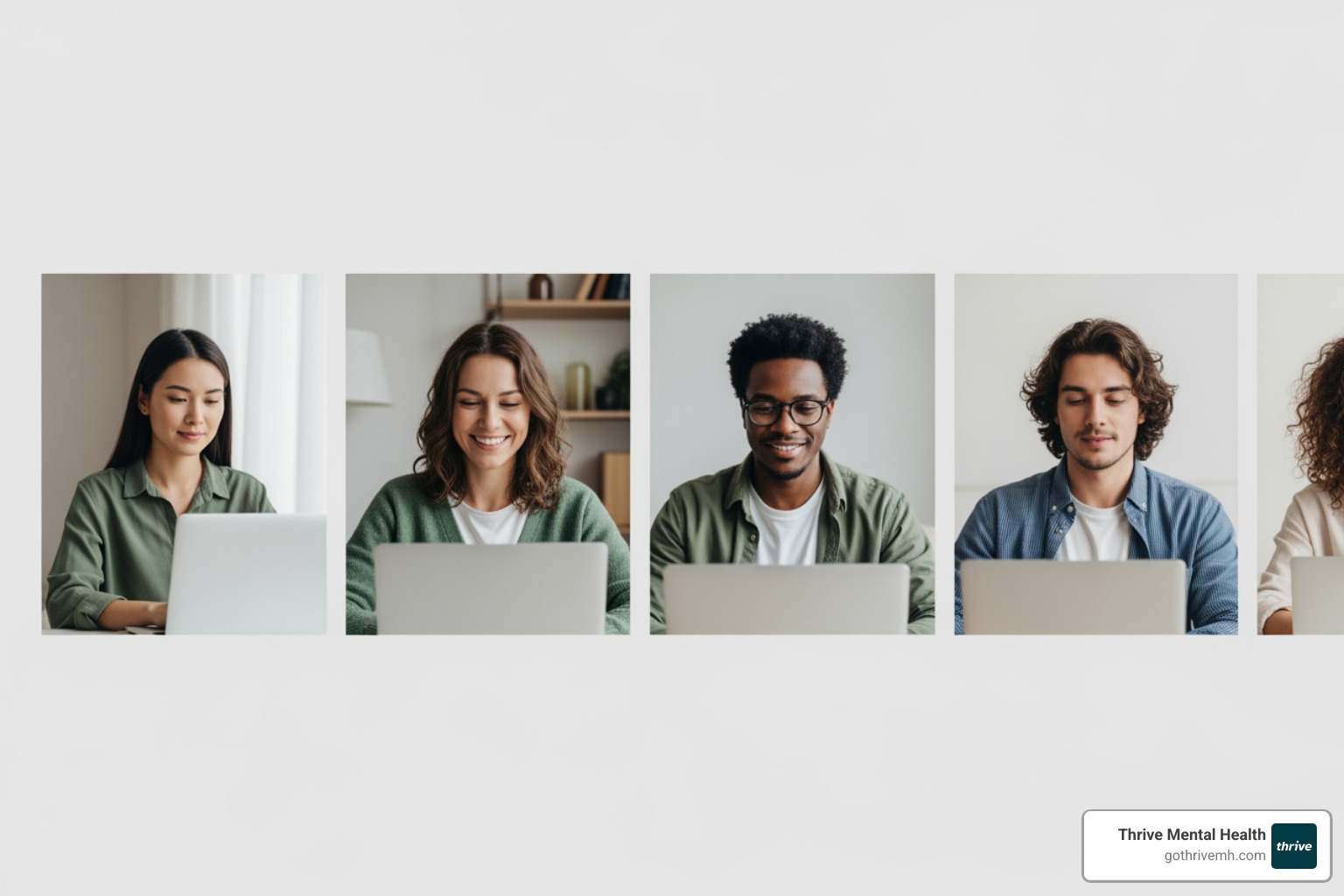 Diverse group of young professionals participating in a virtual group therapy session on their laptops - Which mental health centers in Florida offer virtual partial hospitalization programs for young professionals?