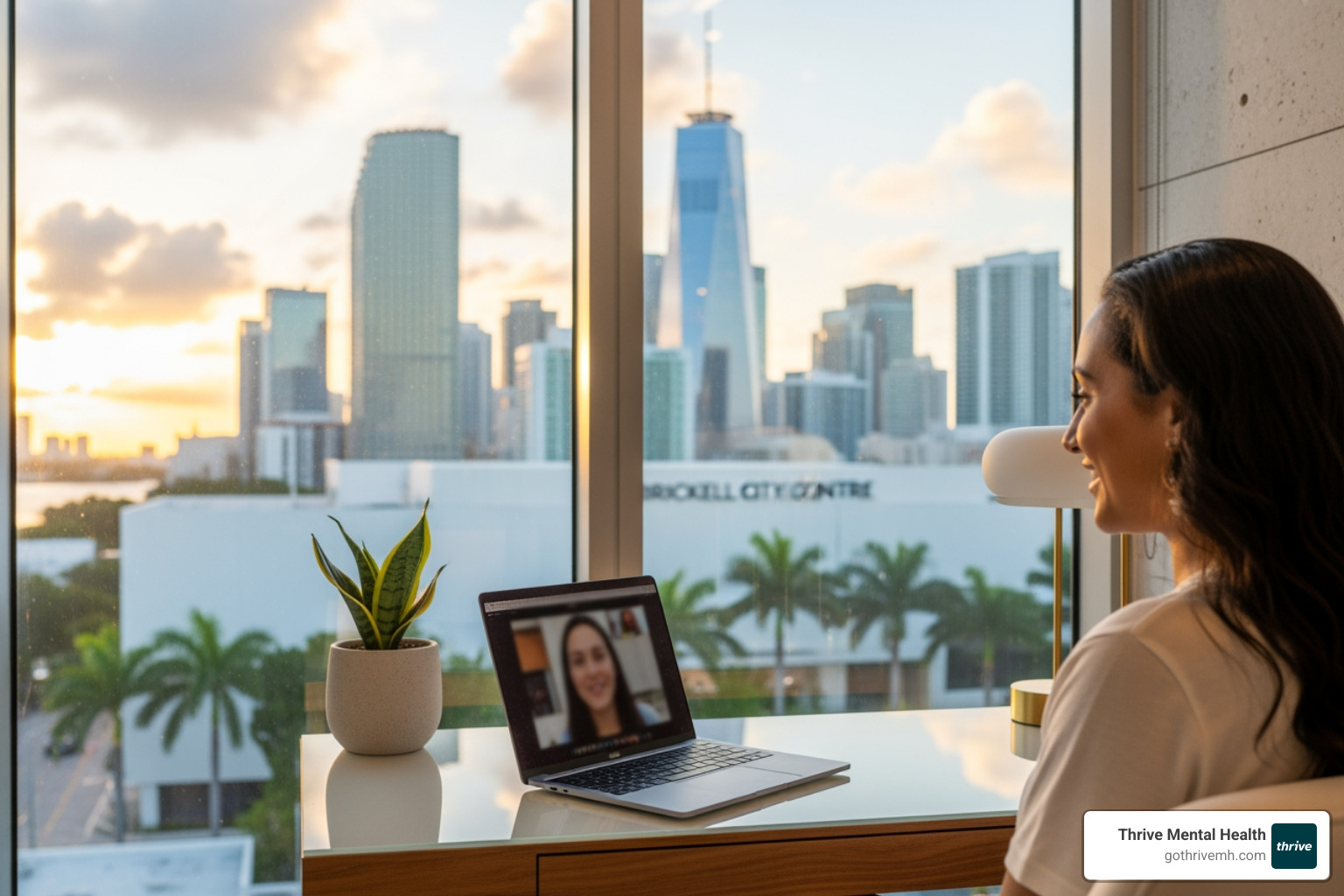 Person using a laptop for a virtual therapy session with a Miami skyline in the background - I need mental health treatment that's more intensive than weekly therapy but less than inpatient care. What are my options in Miami, FL?