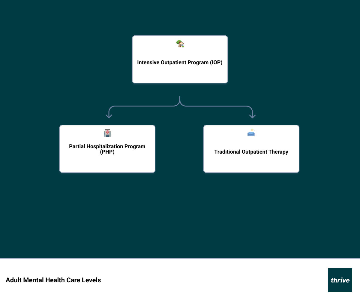 Infographic showing levels of mental health care from inpatient to outpatient, with IOP highlighted as 9-15 hours per week, live at home, keep daily responsibilities, and step-down or step-up care option - What are some adult intensive outpatient mental health programs near me in the Tampa Bay area? infographic hierarchy Infographic showing levels of mental health care from inpatient to outpatient, with IOP highlighted as 9-15 hours per week, live at home, keep daily responsibilities, and step-down or step-up care option - What are some adult intensive outpatient mental health programs near me in the Tampa Bay area? infographic hierarchy