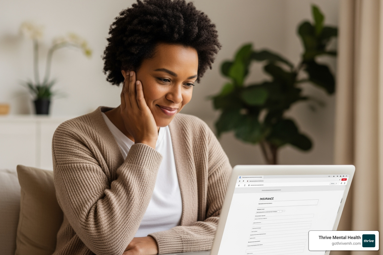 Person reviewing insurance info on laptop, looking hopeful for Thrive IOP/PHP. - My weekly sessions aren't enough. What are some affordable online therapy programs that offer more frequent support?