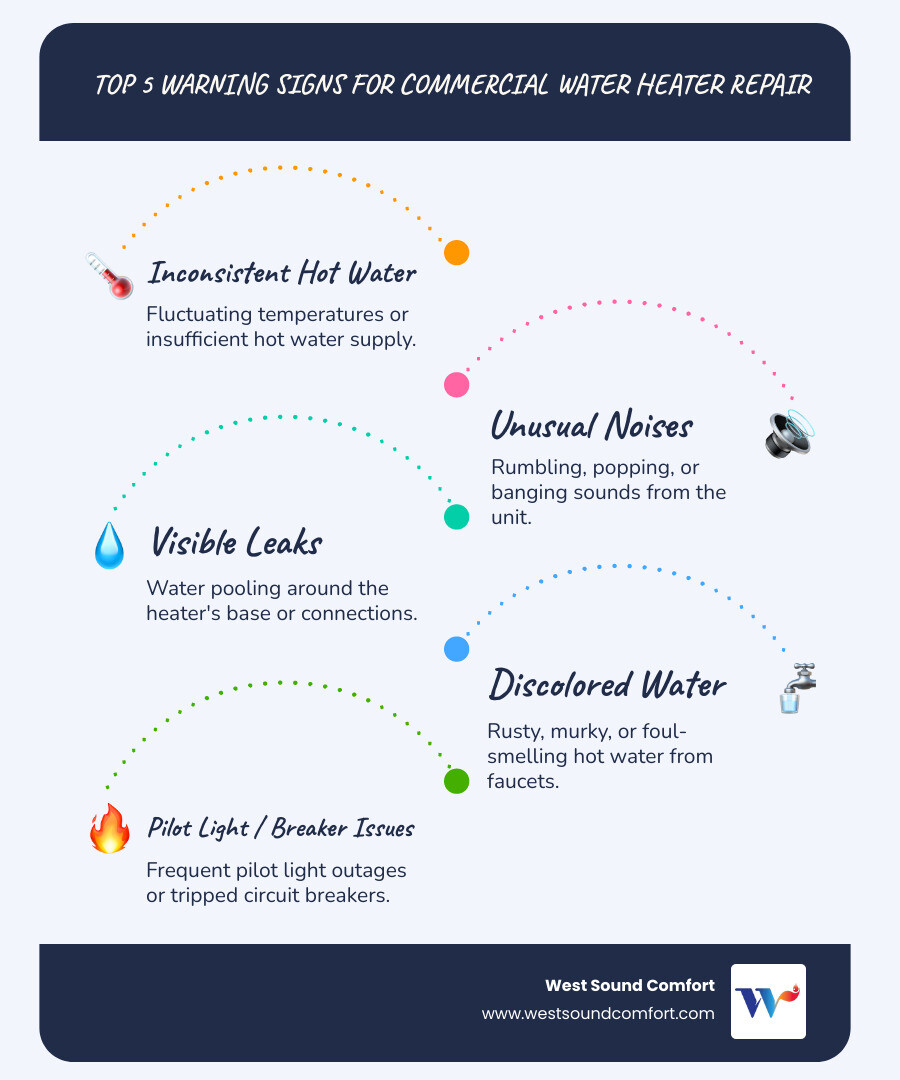 Infographic showing the top 5 warning signs your commercial water heater needs repair: 1. Inconsistent or insufficient hot water supply 2. Strange noises like rumbling, popping, or banging 3. Visible leaks or water pooling around the unit 4. Rusty, discolored, or foul-smelling water 5. Frequent pilot light issues or tripped breakers - commercial water heater repair in poulsbo, wa infographic infographic-line-5-steps-blues-accent_colors Infographic showing the top 5 warning signs your commercial water heater needs repair: 1. Inconsistent or insufficient hot water supply 2. Strange noises like rumbling, popping, or banging 3. Visible leaks or water pooling around the unit 4. Rusty, discolored, or foul-smelling water 5. Frequent pilot light issues or tripped breakers - commercial water heater repair in poulsbo, wa infographic infographic-line-5-steps-blues-accent_colors