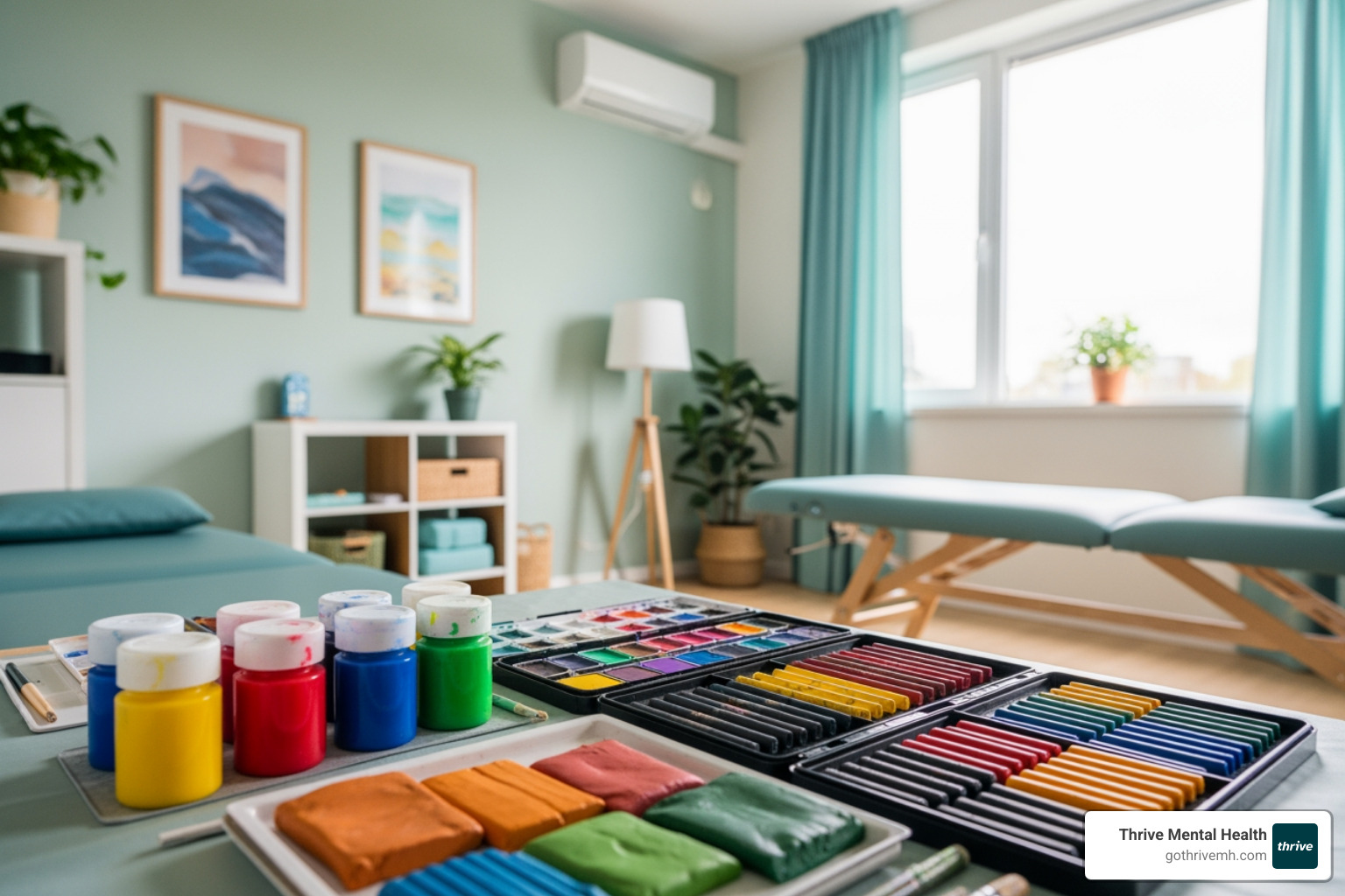 Paints, pastels, and clay in a therapy room, “Florida trauma art therapy supplies” alt text - Can you list some clinics in Florida that use art therapy for trauma recovery?