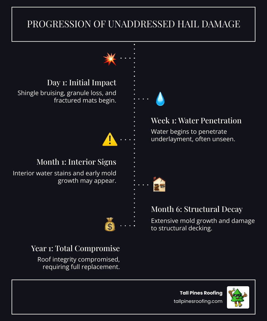 Infographic showing the progression of hail damage if left unaddressed: Day 1 shows impact damage to shingles and granule loss; Week 1 shows water beginning to penetrate underlayment; Month 1 shows interior water stains and early mold growth; Month 6 shows structural decking damage and extensive mold; Year 1 shows compromised roof integrity requiring full replacement versus early repair - emergency hail damage repair in rochester, ny infographic infographic-line-5-steps-dark Infographic showing the progression of hail damage if left unaddressed: Day 1 shows impact damage to shingles and granule loss; Week 1 shows water beginning to penetrate underlayment; Month 1 shows interior water stains and early mold growth; Month 6 shows structural decking damage and extensive mold; Year 1 shows compromised roof integrity requiring full replacement versus early repair - emergency hail damage repair in rochester, ny infographic infographic-line-5-steps-dark