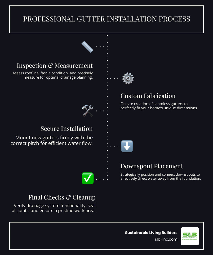 Infographic showing the gutter installation process: Step 1 - Home inspection and measurement of roofline; Step 2 - Custom fabrication of seamless gutters on-site; Step 3 - Removal of old gutters and secure installation of new system; Step 4 - Proper pitch alignment for drainage; Step 5 - Downspout placement and connection; Step 6 - Final testing and cleanup - gutter installation in rohnert park ca infographic infographic-line-5-steps-dark