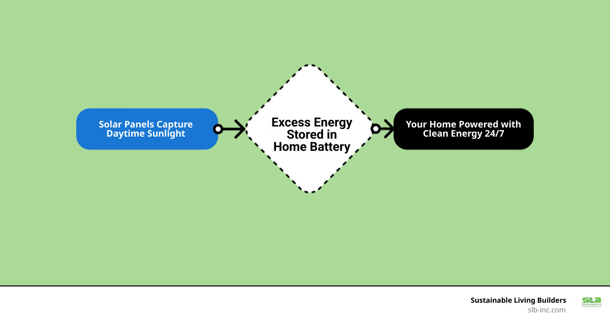 infographic showing solar panels collecting energy during the day, storing it in a home battery, and powering the home at night with icons for backup power during outages - home energy storage batteries in forestville, ca infographic flowmap_simple infographic showing solar panels collecting energy during the day, storing it in a home battery, and powering the home at night with icons for backup power during outages - home energy storage batteries in forestville, ca infographic flowmap_simple