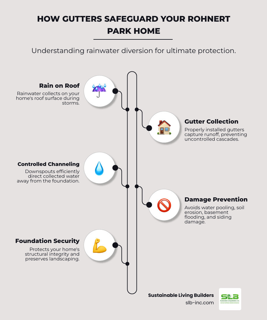 Infographic showing how properly installed gutters channel rainwater away from a home's foundation through downspouts, preventing water pooling, soil erosion, basement flooding, and structural damage, with arrows indicating water flow from roof to ground drainage - best gutter installation in rohnert park, ca infographic infographic-line-5-steps-elegant_beige Infographic showing how properly installed gutters channel rainwater away from a home's foundation through downspouts, preventing water pooling, soil erosion, basement flooding, and structural damage, with arrows indicating water flow from roof to ground drainage - best gutter installation in rohnert park, ca infographic infographic-line-5-steps-elegant_beige