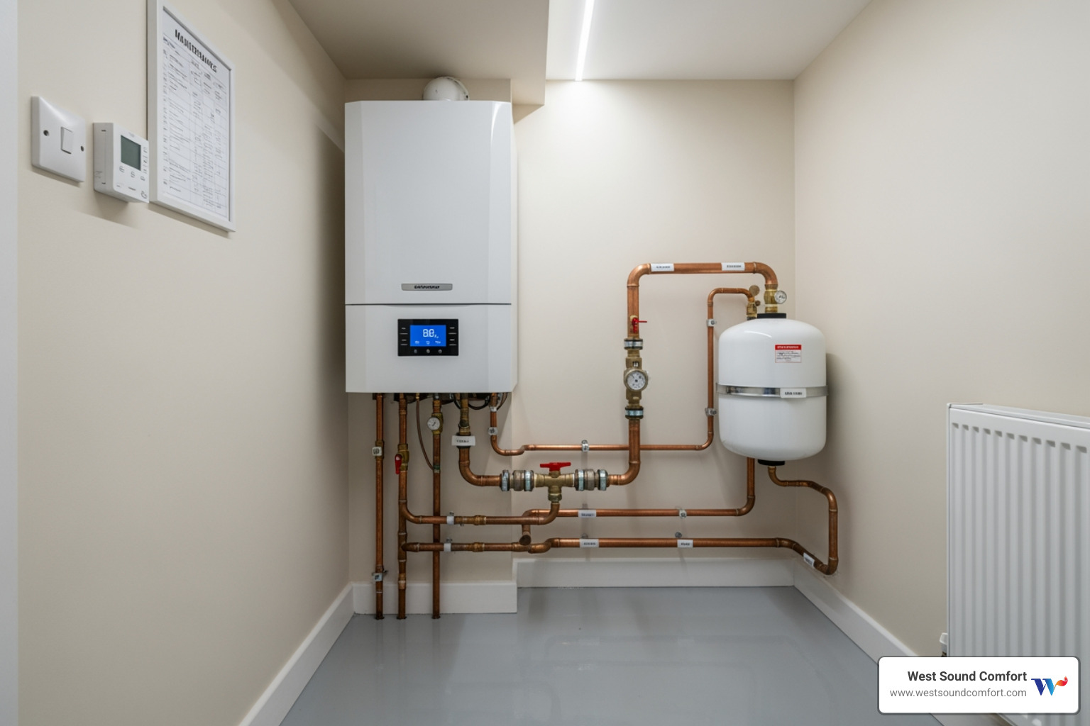 infographic explaining annual boiler maintenance benefits including improved efficiency up to 30 percent, extended system lifespan of 15 to 20 years, reduced breakdown risk by 95 percent, lower utility bills through optimized performance, enhanced safety with carbon monoxide and pressure checks, and warranty compliance for long term protection - best boiler heat maintenance in silverdale, wa