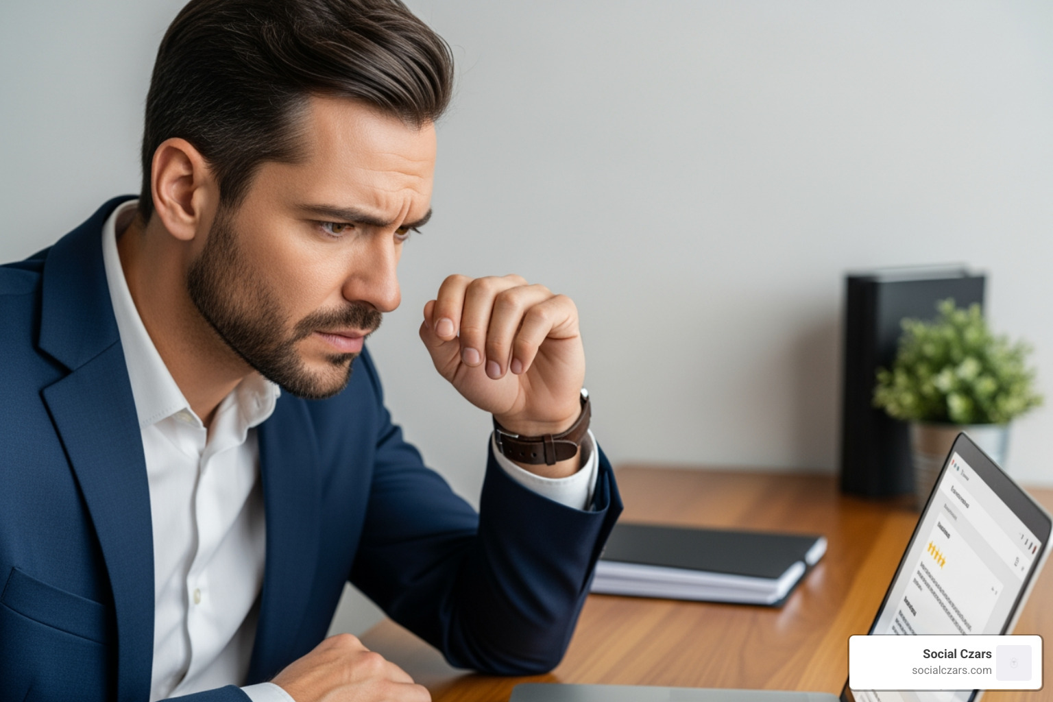 Business owner looking at a negative review on a laptop - how delete Google reviews Business owner looking at a negative review on a laptop - how delete Google reviews