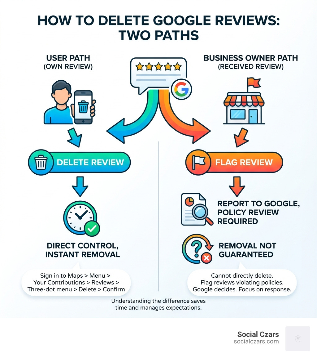 Infographic showing two paths: User deleting own review (direct control, instant removal) versus Business owner flagging review (report to Google, policy review required, removal not guaranteed) - how delete Google reviews infographic Infographic showing two paths: User deleting own review (direct control, instant removal) versus Business owner flagging review (report to Google, policy review required, removal not guaranteed) - how delete Google reviews infographic