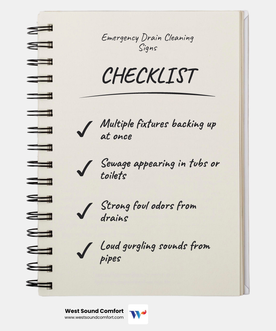 Infographic showing the top 5 signs you need emergency drain cleaning: multiple fixtures backing up at once, sewage appearing in tubs or toilets, strong foul odors coming from drains, loud gurgling sounds from pipes, and standing water that won't drain in sinks or showers - emergency drain cleaning in bremerton, wa infographic checklist-notebook