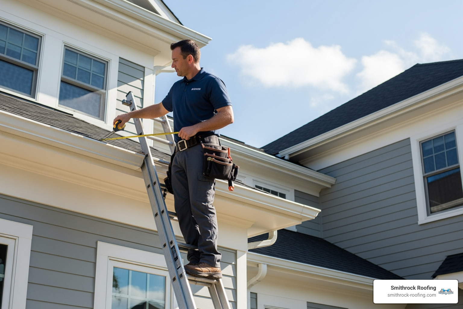 An installer carefully measuring the roofline of a residential home, holding a measuring tape along the edge of the roof, with a focus on precision for a gutter quote. - how much does leaf guard gutters cost