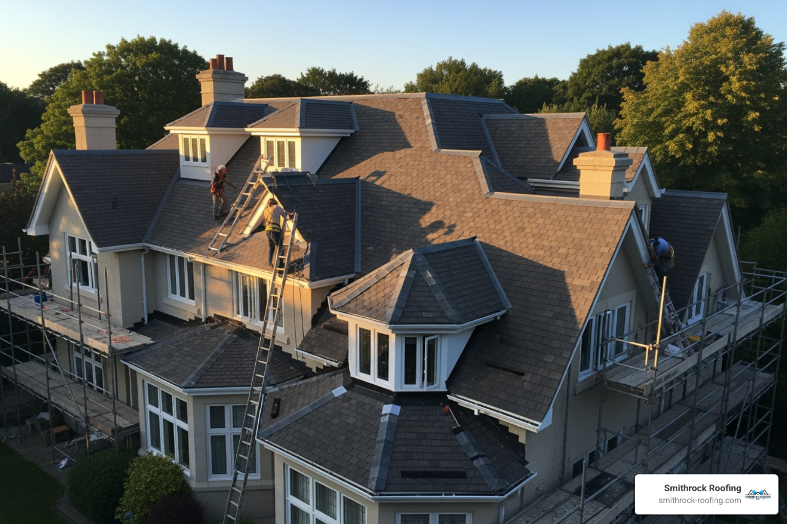 A photorealistic image of a multi-story home with a complex roofline, featuring several dormers, intersecting gables, and varying roof pitches. The image clearly illustrates the challenges posed by such architectural details for gutter installation, with scaffolding visible in some areas. - how much does leaf guard gutters cost
