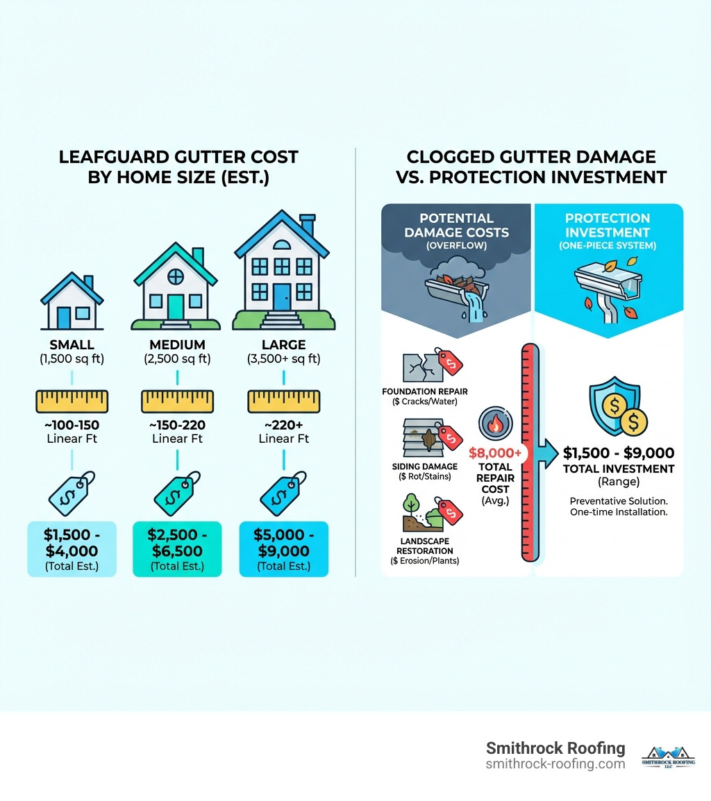 Infographic showing the breakdown of LeafGuard gutter costs by home size, including linear footage requirements for small (1,500 sq ft), medium (2,500 sq ft), and large (3,500+ sq ft) homes, with cost ranges for each. The infographic also illustrates the potential cost of water damage from clogged gutters versus the investment in a quality gutter protection system, highlighting foundation repairs, siding damage, and landscape restoration costs. - how much does leaf guard gutters cost infographic 