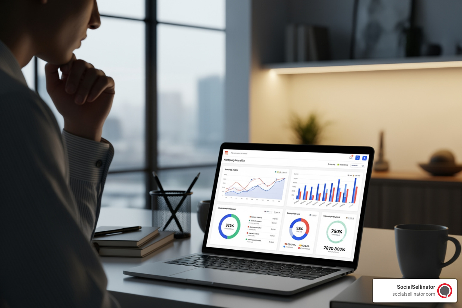 A person looking thoughtfully at a laptop screen displaying a marketing analytics dashboard - email marketing company baltimore