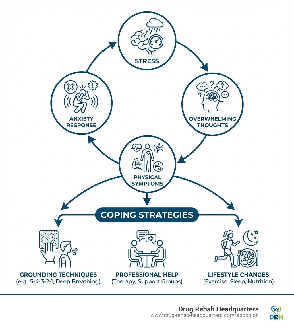 infographic showing the cycle of stress leading to overwhelming thoughts, physical symptoms, anxiety response, and coping strategies including grounding techniques, professional help, and lifestyle changes with arrows connecting each stage - im losing my mind infographic 