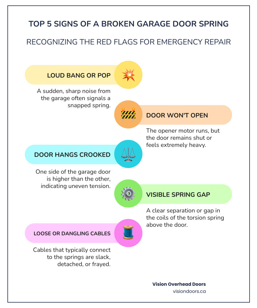 Infographic showing the top 5 signs of a broken garage door spring: 1) Loud bang or pop sound, 2) Door won't open or lift manually, 3) Door hangs crooked or unbalanced, 4) Visible gap in torsion spring above door, 5) Loose or dangling cables on extension spring systems - emergency garage door spring repair in armstrong, bc infographic infographic-line-5-steps-colors Top 5 signs of a broken garage door spring infographic highlighting urgent repair indicators, including loud bang, door won't open, crooked door, visible spring gap, and loose cables, from Vision Overhead Doors.