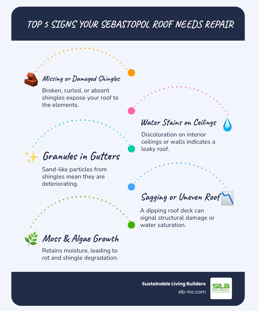 Infographic showing the top 5 signs your Sebastopol roof needs repair: missing or damaged shingles, water stains on interior ceilings, granules accumulating in gutters, visible sagging or uneven roof lines, and moss or algae growth on roof surface - roof repair in sebastopol ca infographic infographic-line-5-steps-blues-accent_colors