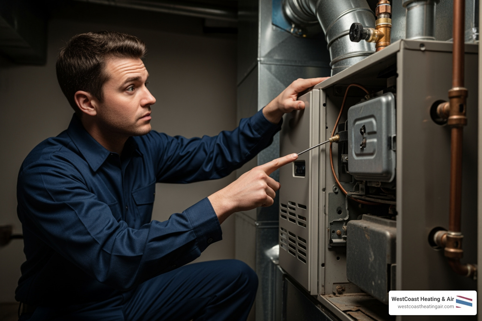 Infographic showing the top 5 critical signs your furnace needs immediate emergency replacement: complete heating failure with no heat production, visible cracks in the heat exchanger, strong gas odor or confirmed gas leak, carbon monoxide detector alarm or symptoms of CO exposure, and furnace age over 20 years combined with catastrophic failure - emergency gas furnace installation in spanaway, wa