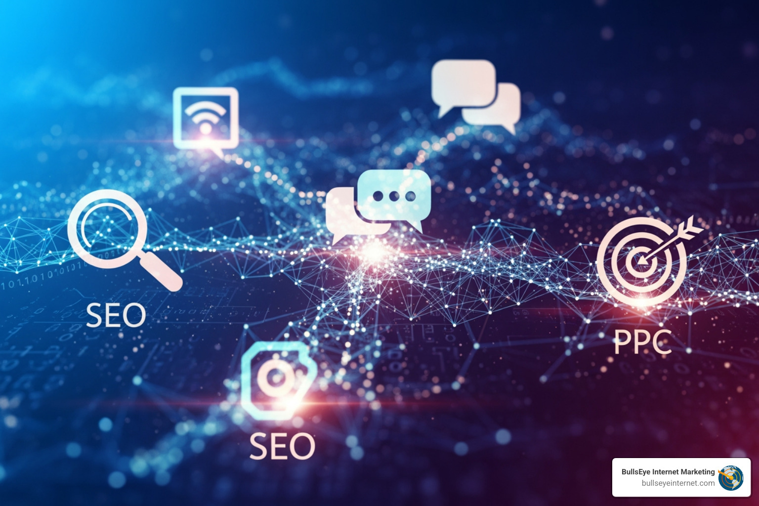 interconnected channels of digital marketing like SEO, PPC, and social media - Digital marketing Florida Digital marketing concepts visualized with SEO and PPC icons over a network background, representing online strategies for Florida businesses.