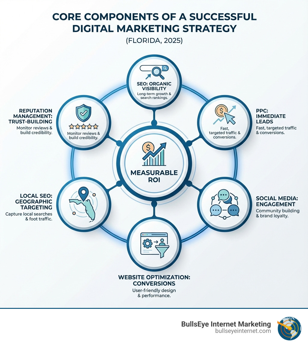 Infographic showing the core components of successful digital marketing strategy: SEO for organic visibility, PPC for immediate leads, social media for engagement, website optimization for conversions, local SEO for geographic targeting, and reputation management for trust-building, all centered around measurable ROI - Digital marketing Florida infographic Core components of a successful digital marketing strategy infographic for Florida, highlighting SEO, PPC, social media, local SEO, website optimization, and reputation management, with emphasis on measurable ROI and engagement.