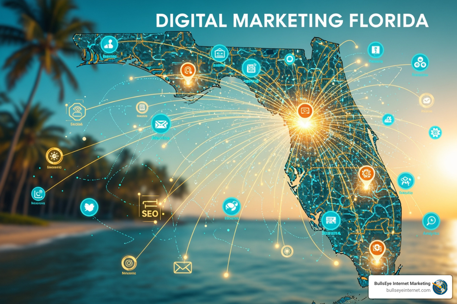 map of Florida highlighting key economic hubs - Digital marketing Florida Digital marketing map of Florida illustrating diverse strategies with icons for SEO, analytics, and social media, emphasizing local expertise for Bullseye Internet's services.