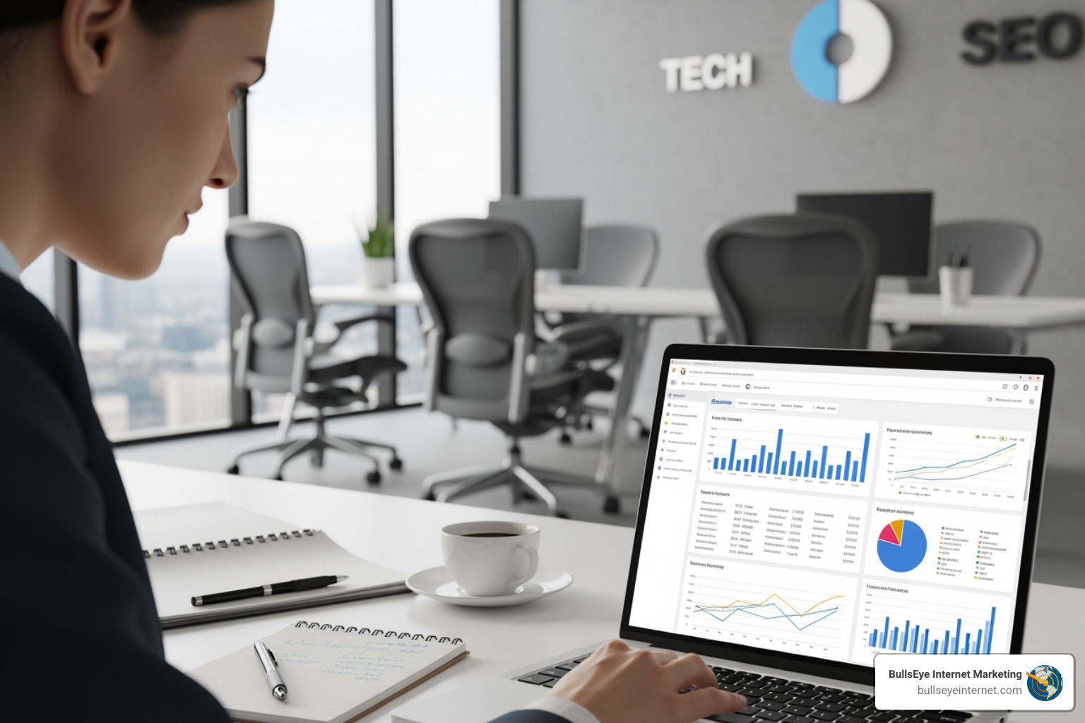 SEO professional analyzing website data on a laptop - SEO services Hollywood FL