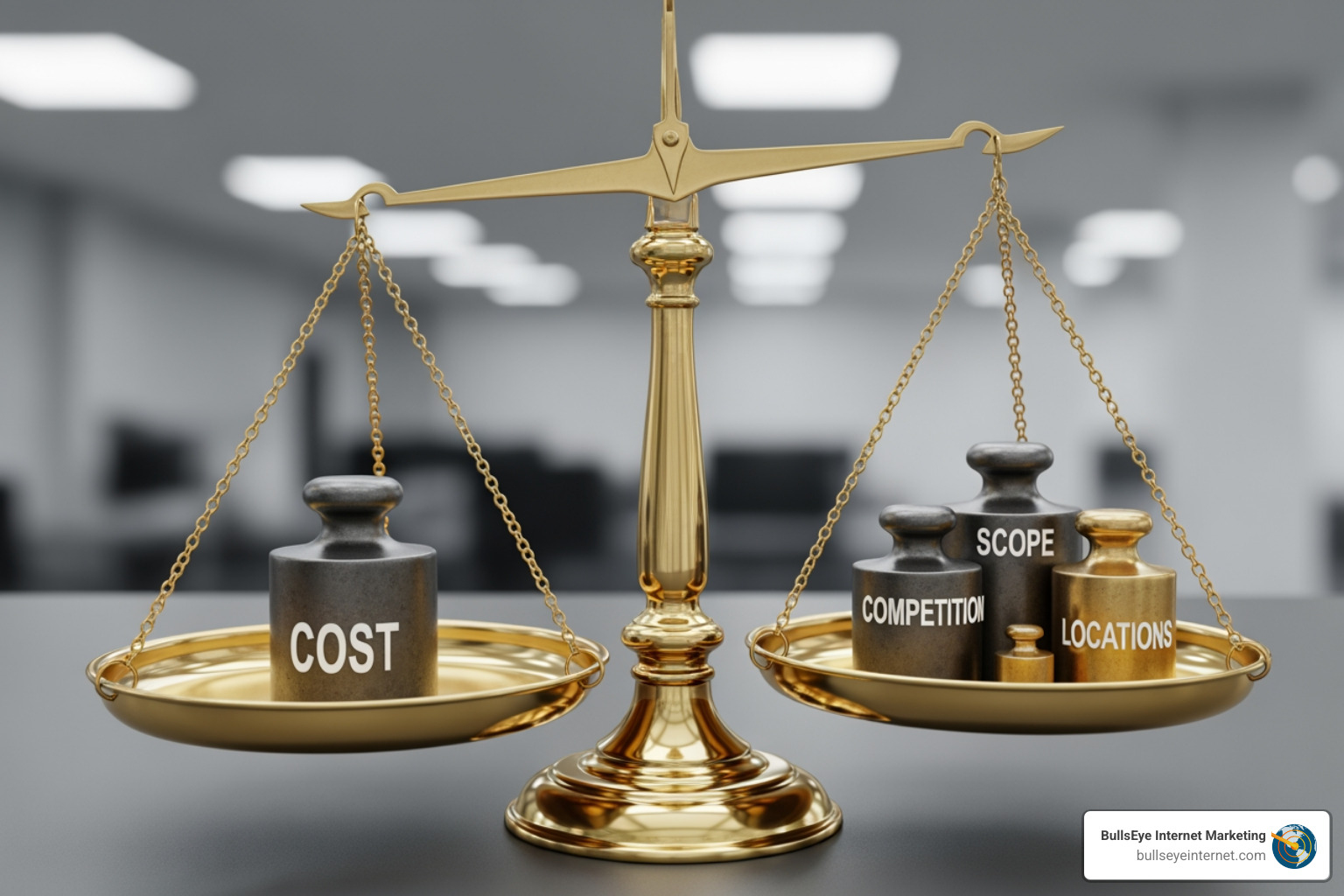 Scales balancing weights labeled "COST" and "COMPETITION," "SCOPE," "LOCATIONS," representing key factors influencing local SEO pricing for businesses.