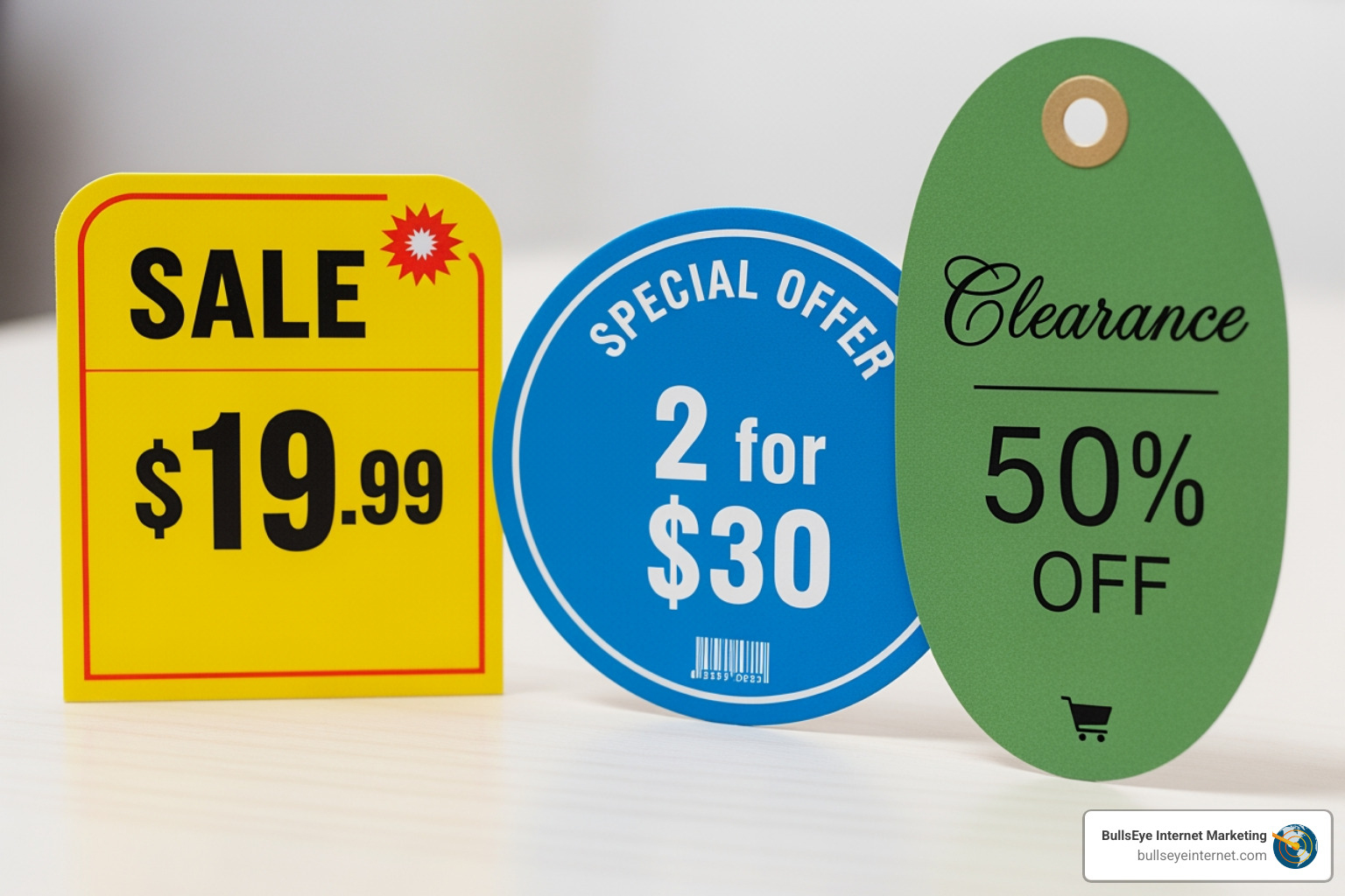 Sale price tag of $19.99, special offer tag for 2 for $30, and clearance tag for 50% off, representing pricing strategies for local businesses.