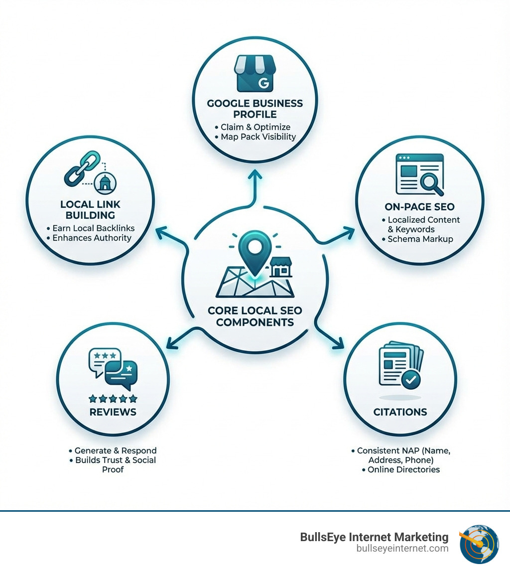 Core local SEO components infographic featuring Google Business Profile, Local Link Building, On-Page SEO, Reviews, and Citations, emphasizing strategies for enhancing local visibility and authority for businesses.