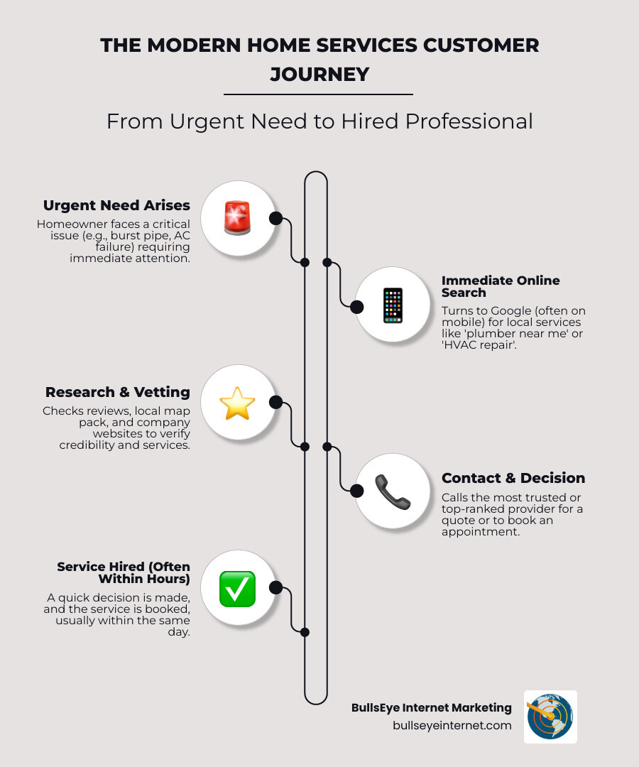 infographic showing the home services customer journey from search to hire, including steps: urgent need arises, Google search on mobile, reviews local map pack results, visits website to verify credentials and services, calls or books appointment, all within 4 hours - Advertising for Home Services Companies infographic infographic-line-5-steps-elegant_beige