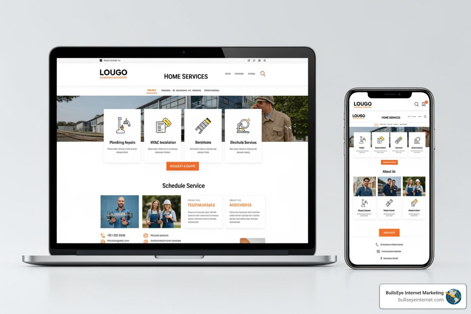 mobile phone and a laptop displaying a well-designed home services website - Advertising for Home Services Companies