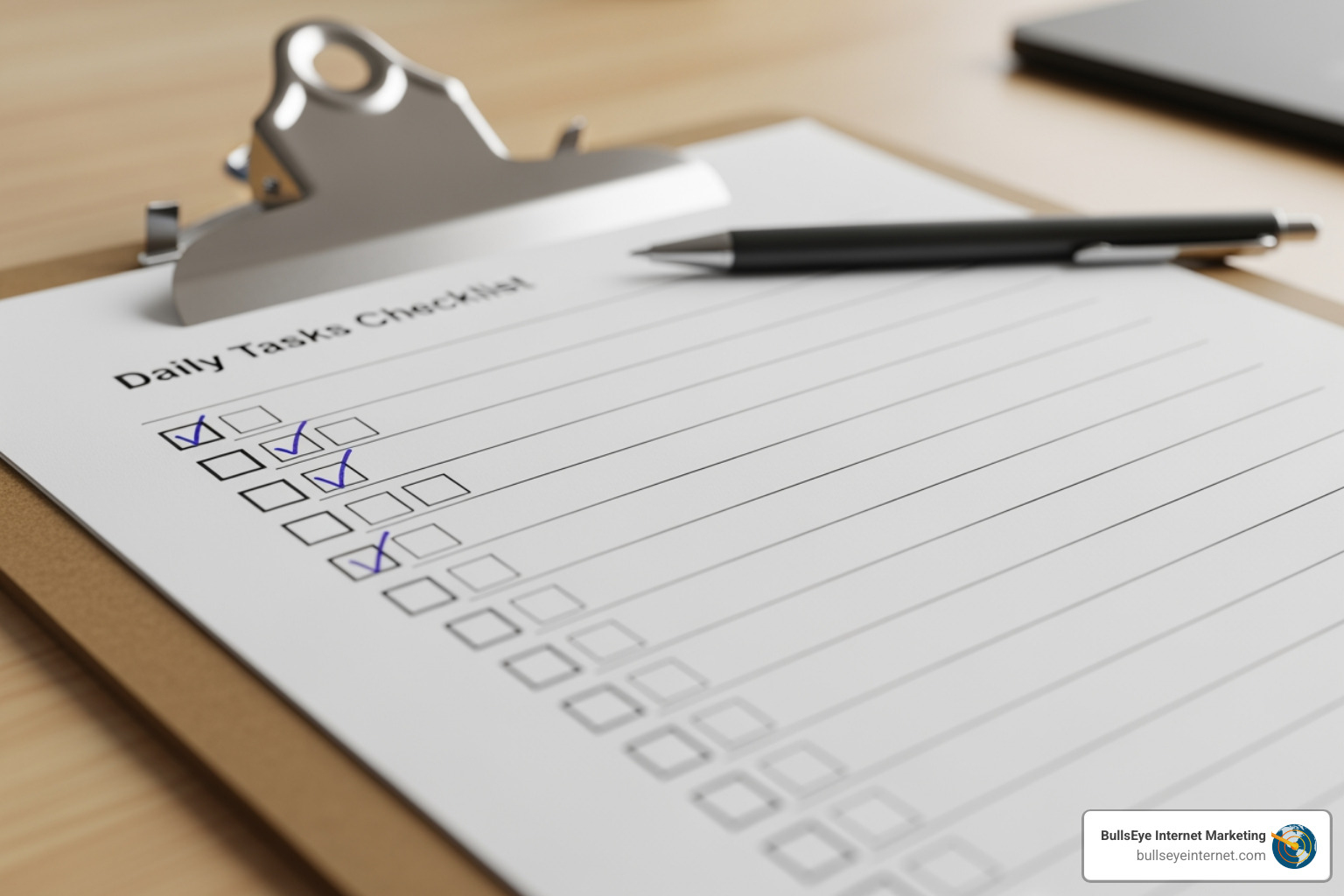 checklist on a clipboard - strategic site audit Daily tasks checklist with checked boxes and a pen, emphasizing organization and goal setting for effective site audits and SEO strategies.