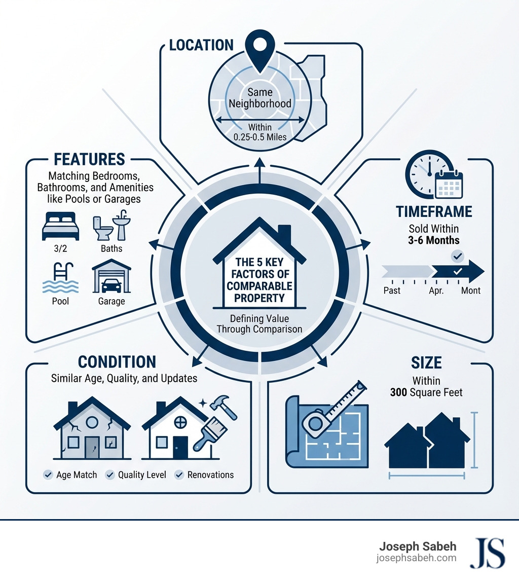 Infographic showing the five key factors of a good comparable property: Location (same neighborhood, within 0.25-0.5 miles), Timeframe (sold within 3-6 months), Size (within 300 square feet), Condition (similar age, quality, and updates), and Features (matching bedrooms, bathrooms, and amenities like pools or garages) - comparables infographic 
