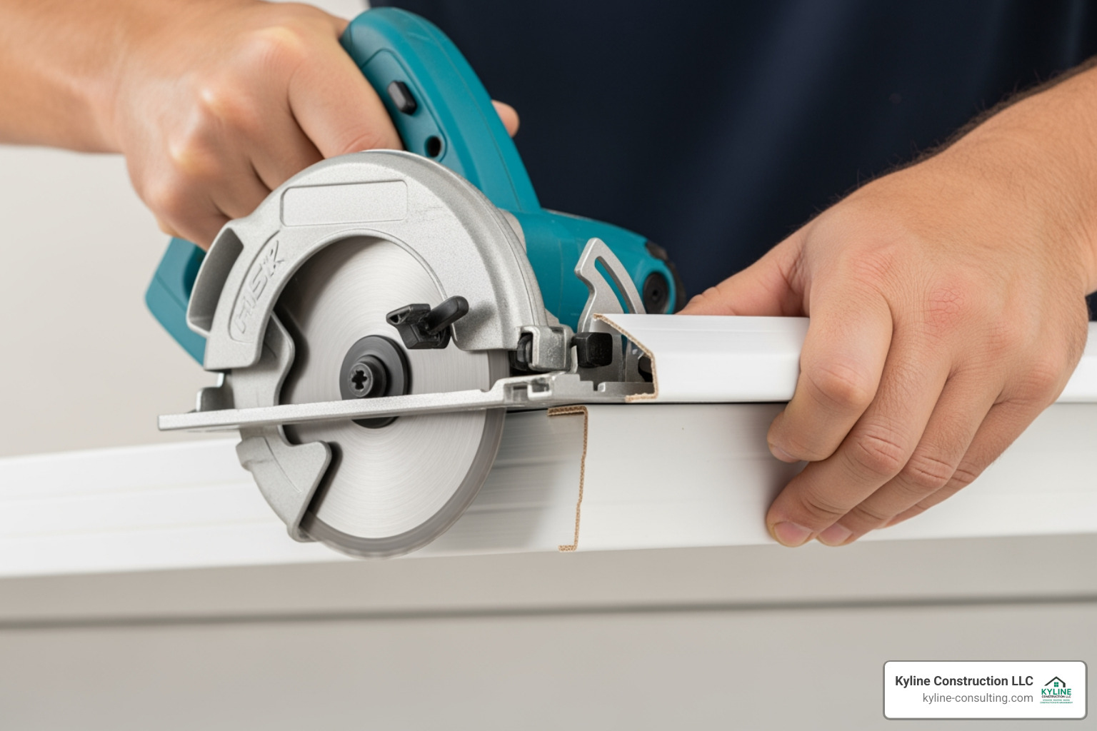 demonstrating the correct way to guide a circular saw through a vinyl soffit panel - cutting vinyl soffit