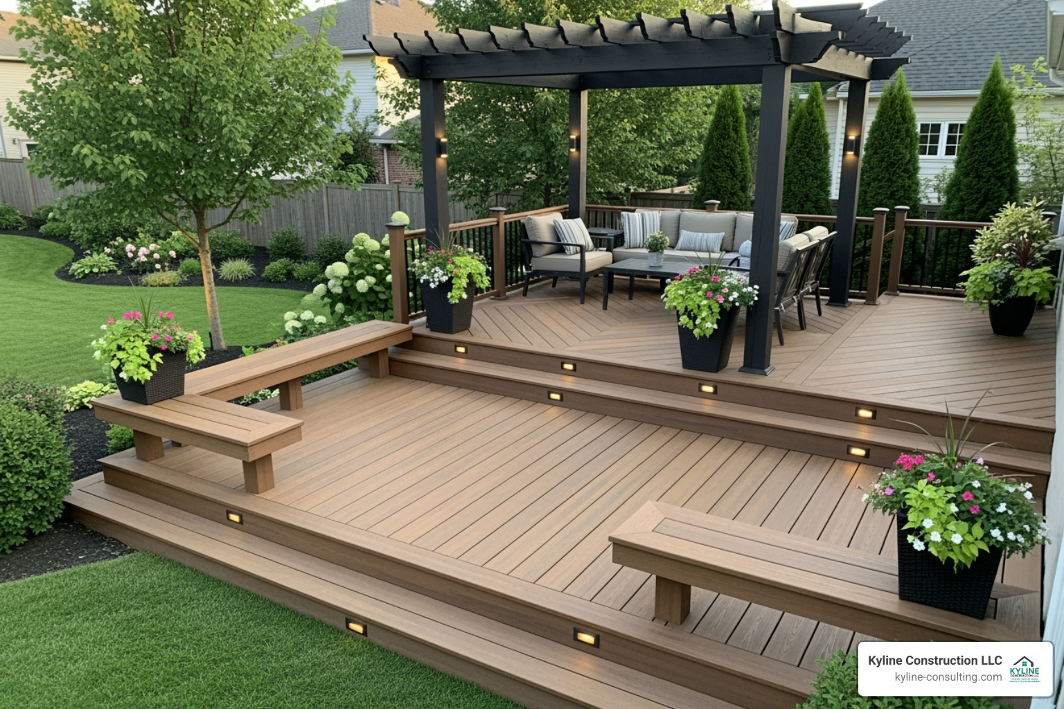 multi-level composite deck with an integrated pergola and built-in seating - deck builders delaware ohio