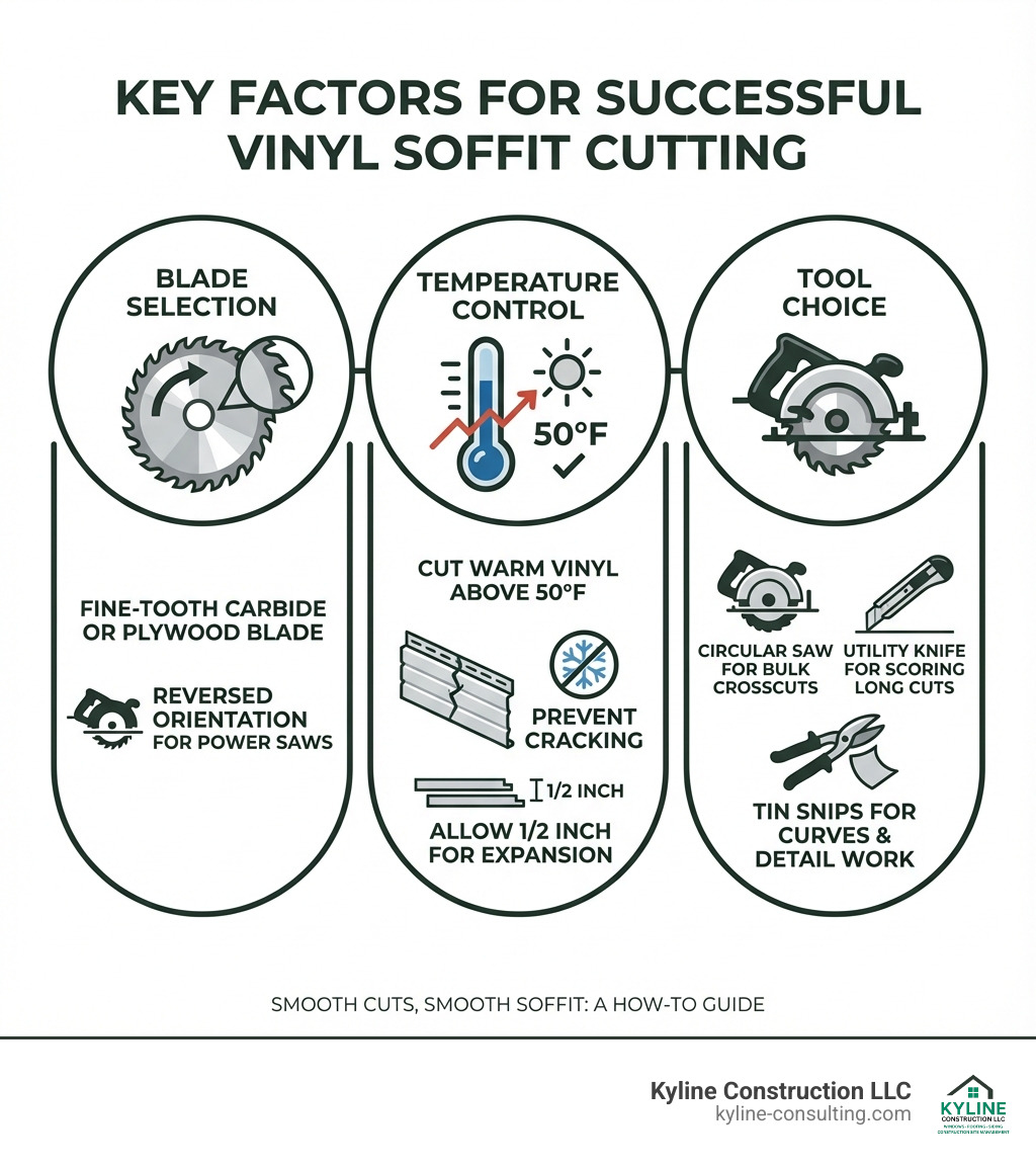 Infographic showing three key factors for successful vinyl soffit cutting: 1) Blade Selection - fine-tooth carbide or plywood blade, reversed orientation for power saws; 2) Temperature Control - cut warm vinyl above 50°F to prevent cracking, allow 1/2 inch for expansion; 3) Tool Choice - circular saw for bulk crosscuts, utility knife for scoring long cuts, tin snips for curves and detail work - cutting vinyl soffit infographic 