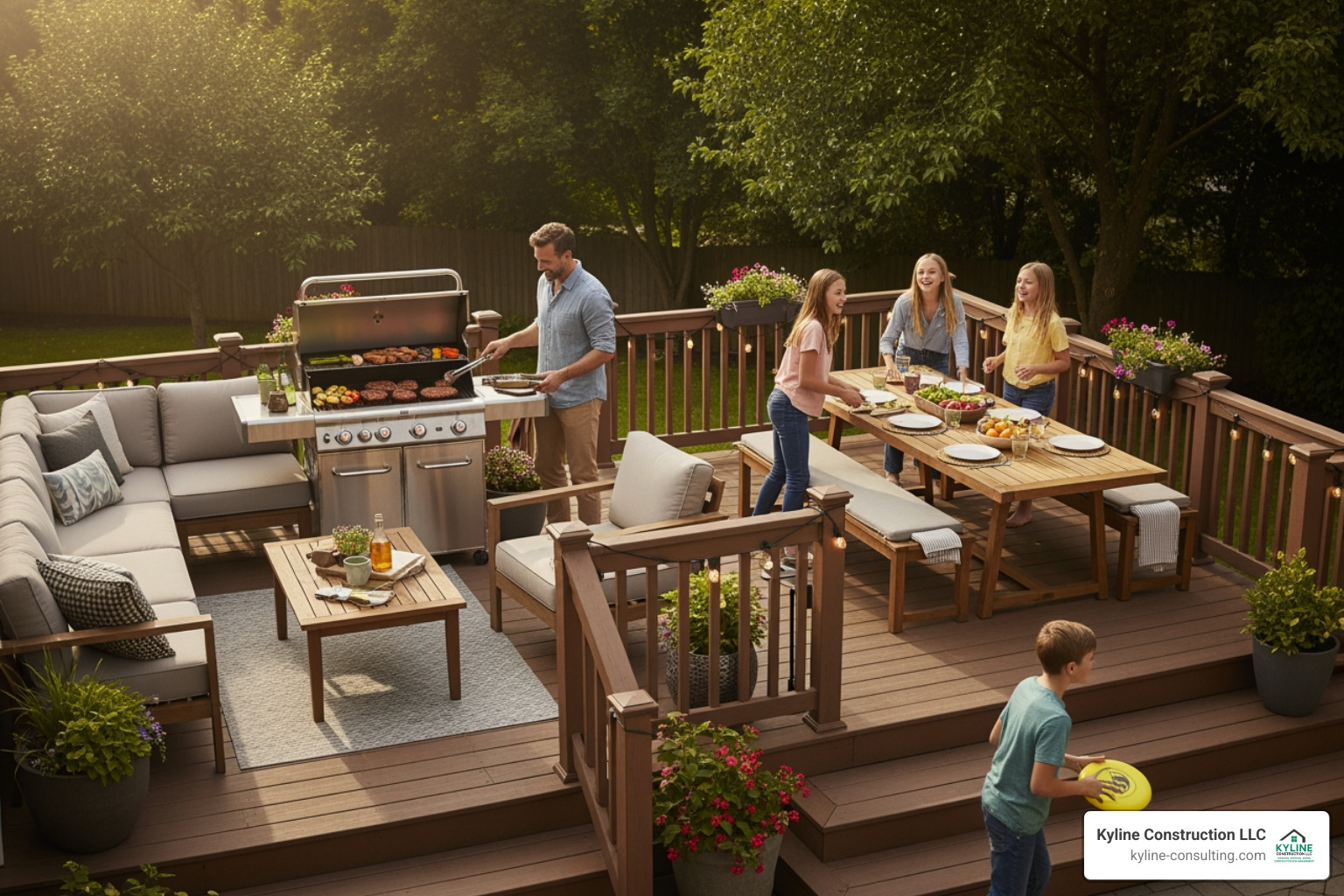 family enjoying a BBQ on a spacious multi-level deck - deck builders mentor ohio