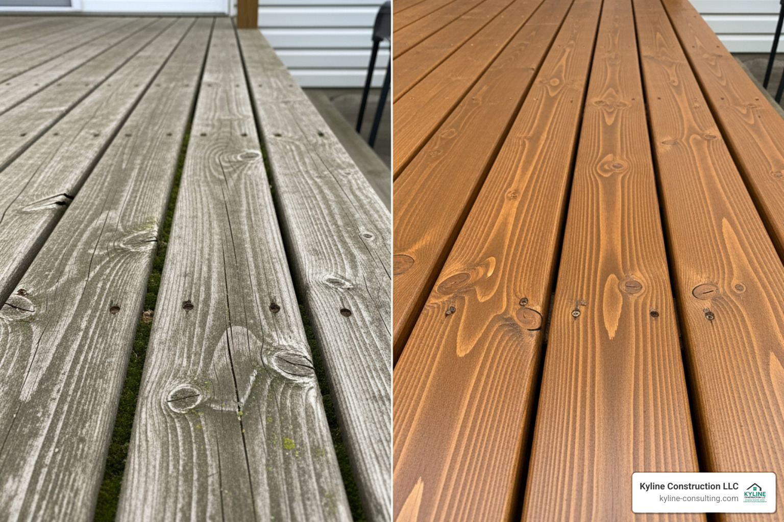 side-by-side comparison of a weathered, gray deck and a freshly stained deck - Deck staining Ohio side-by-side comparison of a weathered, gray deck and a freshly stained deck - Deck staining Ohio