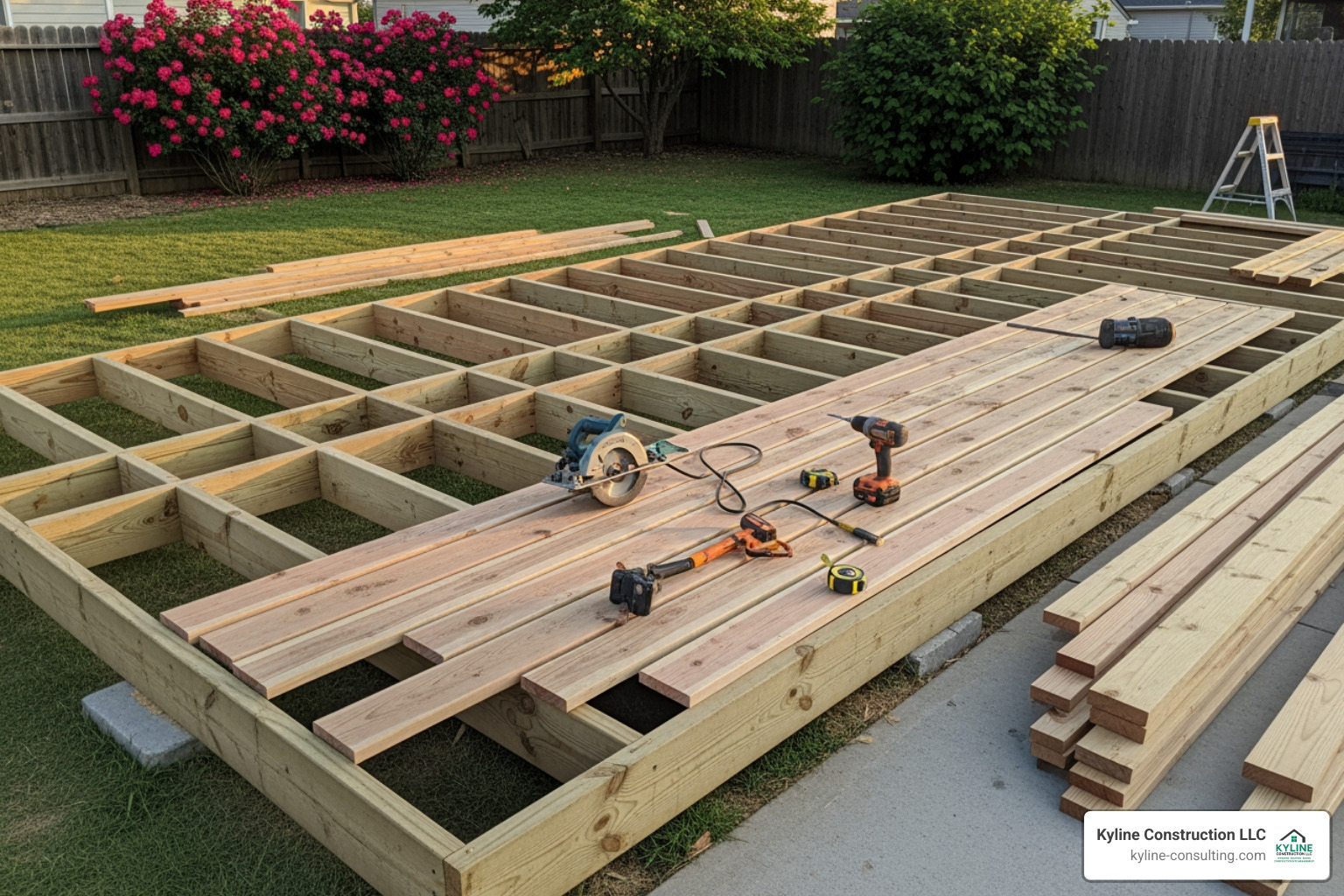 deck under construction with framing and partial decking - deck contractors cincinnati ohio