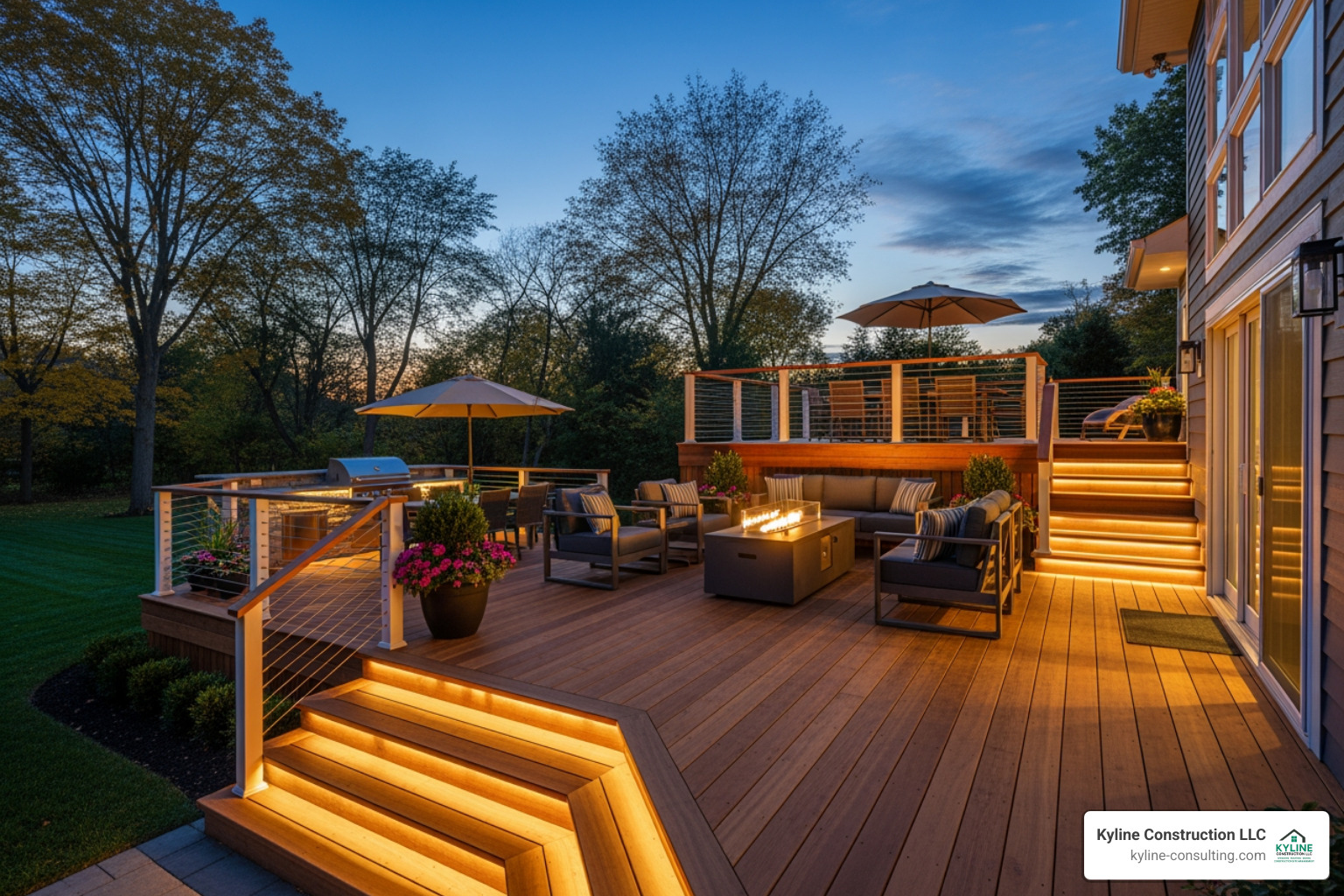 multi-level deck with integrated lighting and cable railings - deck contractors cincinnati ohio